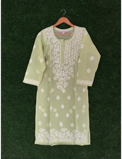 Chhangamal Hand Embroidered Green Colour Cotton Chikankari Kurti
