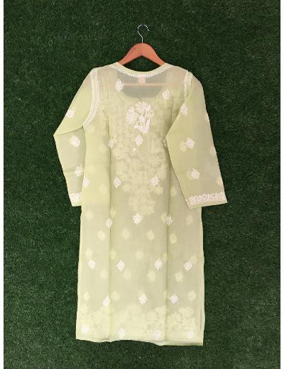 Chhangamal Hand Embroidered Green Colour Cotton Chikankari Kurti