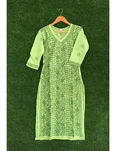 Chhangamal Hand Embroidered Green Colour Cotton Chikankari Kurti