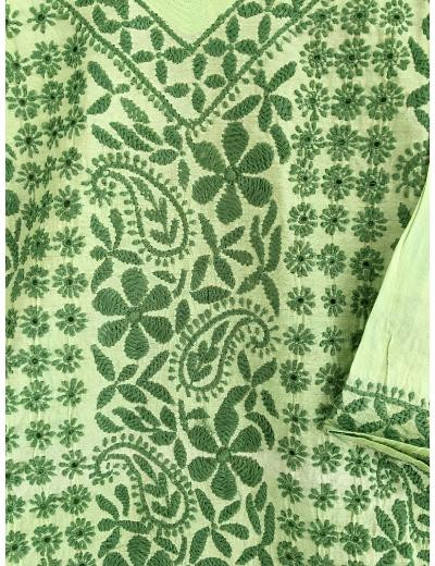 Chhangamal Hand Embroidered Green Colour Cotton Chikankari Kurti
