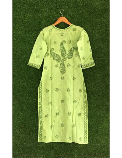 Chhangamal Hand Embroidered Green Colour Cotton Chikankari Kurti