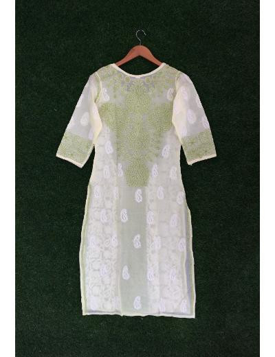 Chhangamal Hand Embroidered Green Colour Cotton Chikankari Kurti
