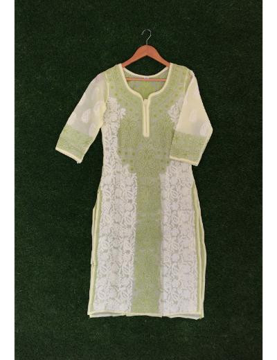 Chhangamal Hand Embroidered Green Colour Cotton Chikankari Kurti