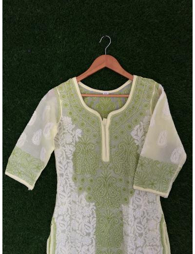 Chhangamal Hand Embroidered Green Colour Cotton Chikankari Kurti