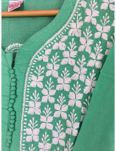 Chhangamal Hand Embroidered Green Colour Cotton Chikankari Kurti