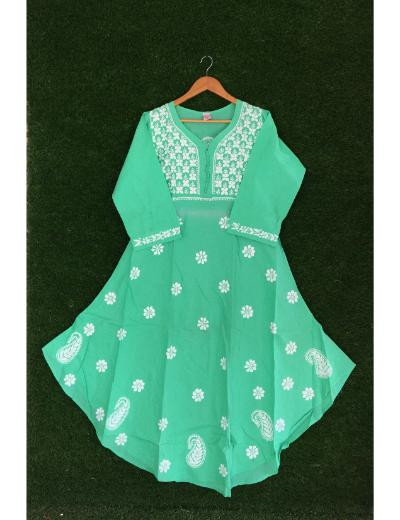 Chhangamal Hand Embroidered Green Colour Cotton Chikankari Kurti