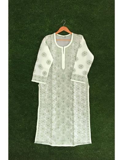 Chhangamal Hand Embroidered Green Colour Cotton Chikankari Kurti Piece