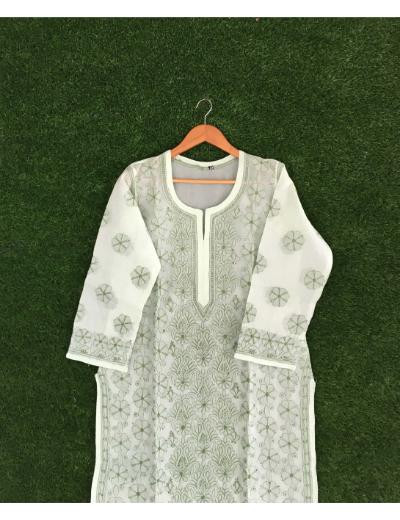 Chhangamal Hand Embroidered Green Colour Cotton Chikankari Kurti Piece