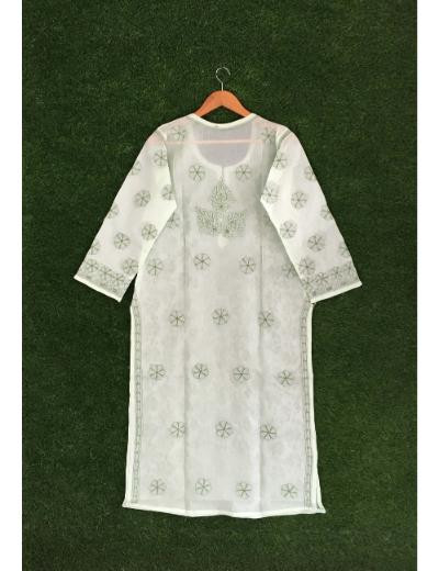 Chhangamal Hand Embroidered Green Colour Cotton Chikankari Kurti Piece
