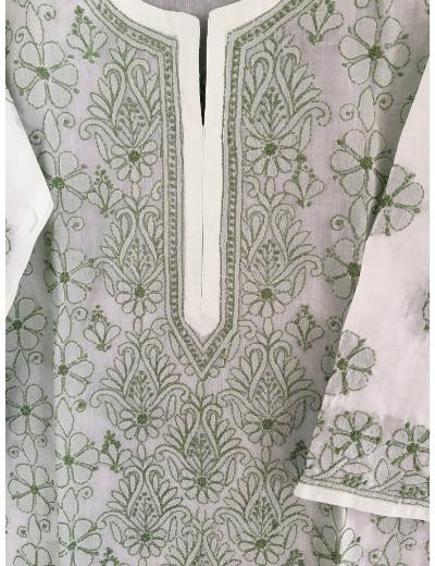 Chhangamal Hand Embroidered Green Colour Cotton Chikankari Kurti Piece
