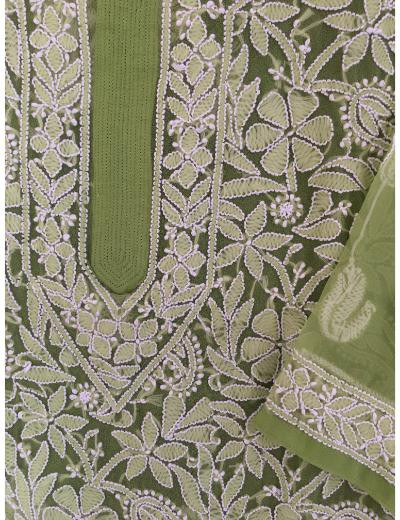 Chhangamal Hand Embroidered Green Colour Georgette Chikankari Kurti Piece