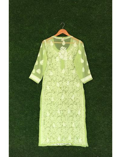 Chhangamal Hand Embroidered Green Colour Georgette Chikankari Kurti Piece