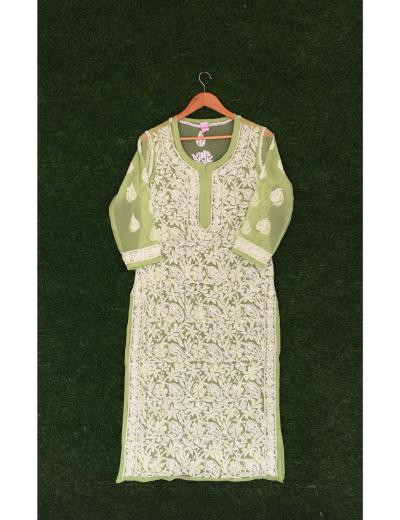 Chhangamal Hand Embroidered Green Colour Georgette Chikankari Kurti Piece