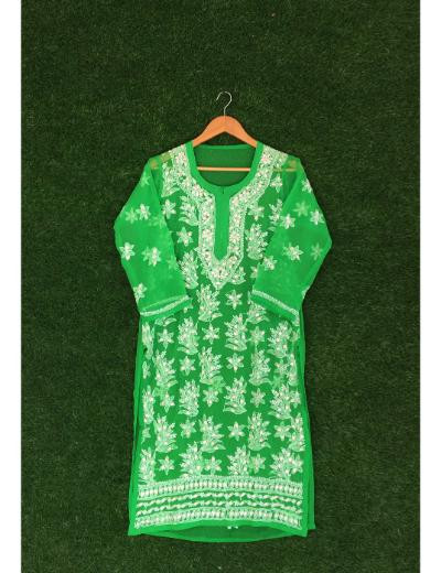 Chhangamal Hand Embroidered Green Colour Georgette Chikankari Kurti Piece