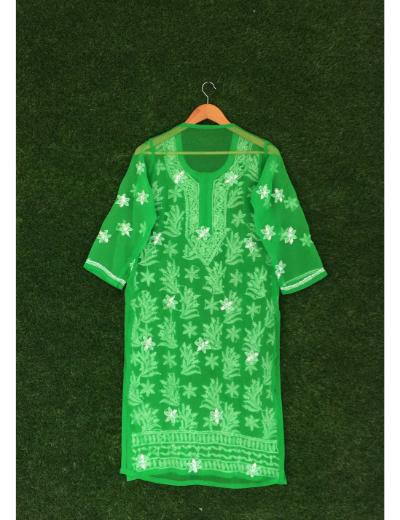 Chhangamal Hand Embroidered Green Colour Georgette Chikankari Kurti Piece
