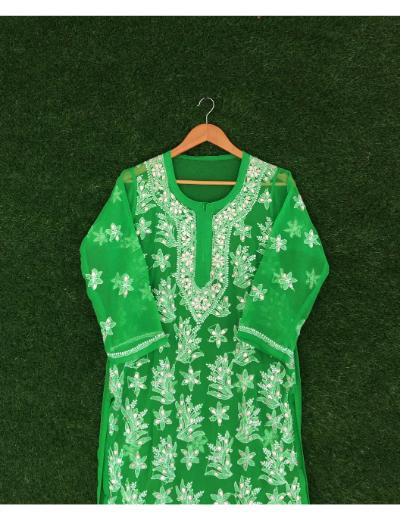 Chhangamal Hand Embroidered Green Colour Georgette Chikankari Kurti Piece
