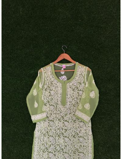 Chhangamal Hand Embroidered Green Colour Georgette Chikankari Kurti Piece