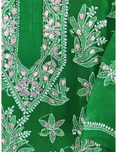 Chhangamal Hand Embroidered Green Colour Georgette Chikankari Kurti Piece