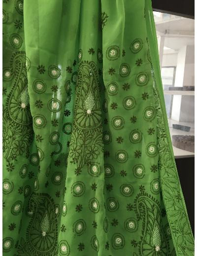 Chhangamal Hand Embroidered Green Colour Georgette Chikankari Saree