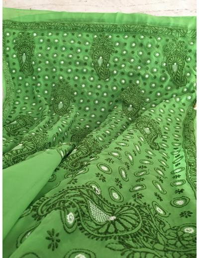 Chhangamal Hand Embroidered Green Colour Georgette Chikankari Saree