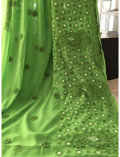 Chhangamal Hand Embroidered Green Colour Georgette Chikankari Saree