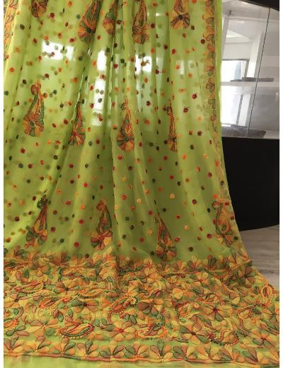 Chhangamal Hand Embroidered Green Colour Georgette Chikankari Saree