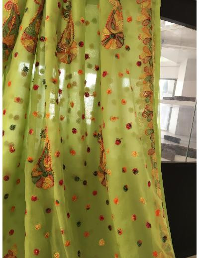 Chhangamal Hand Embroidered Green Colour Georgette Chikankari Saree