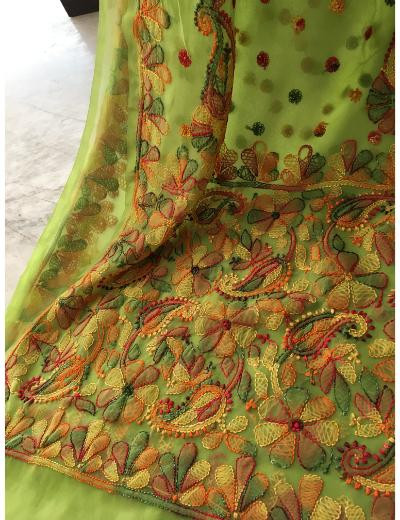 Chhangamal Hand Embroidered Green Colour Georgette Chikankari Saree