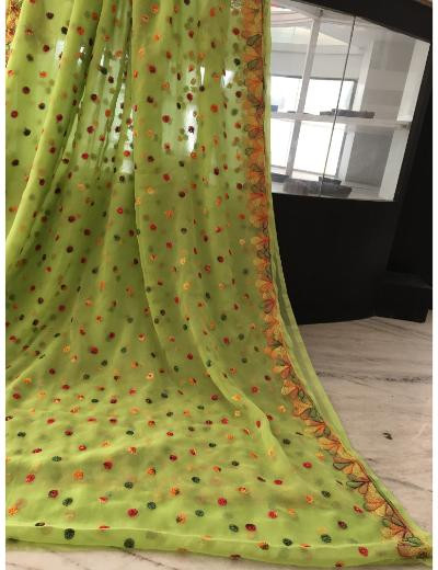 Chhangamal Hand Embroidered Green Colour Georgette Chikankari Saree