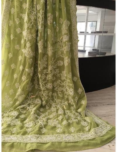 Chhangamal Hand Embroidered Green Colour Georgette Chikankari Saree