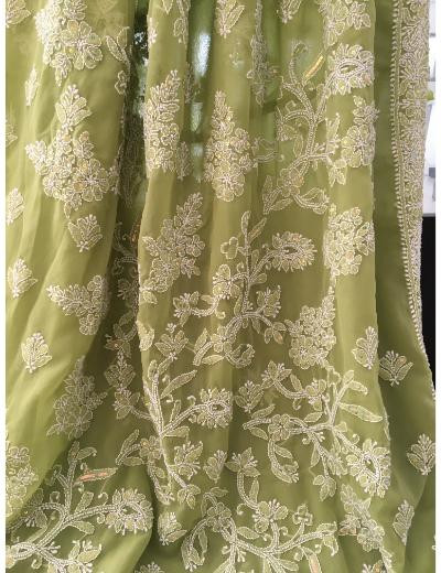 Chhangamal Hand Embroidered Green Colour Georgette Chikankari Saree