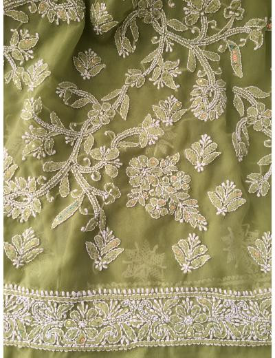 Chhangamal Hand Embroidered Green Colour Georgette Chikankari Saree