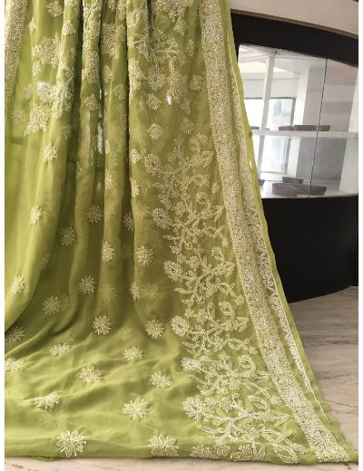 Chhangamal Hand Embroidered Green Colour Georgette Chikankari Saree