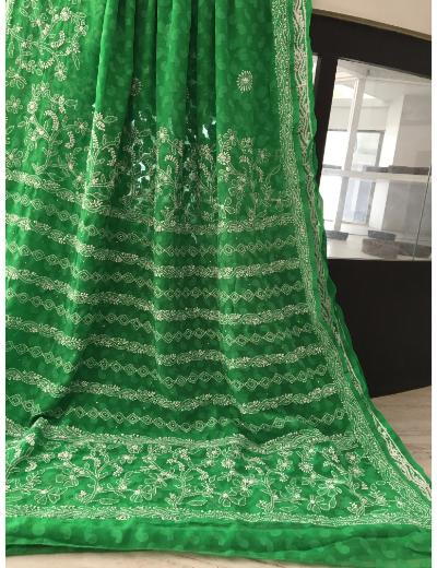 Chhangamal Hand Embroidered Green Colour Georgette Chikankari Saree