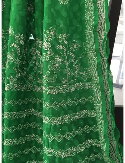 Chhangamal Hand Embroidered Green Colour Georgette Chikankari Saree