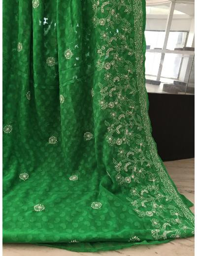 Chhangamal Hand Embroidered Green Colour Georgette Chikankari Saree