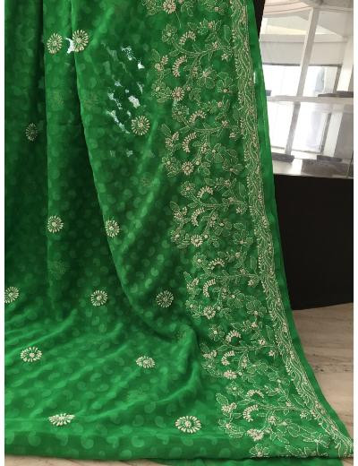 Chhangamal Hand Embroidered Green Colour Georgette Chikankari Saree