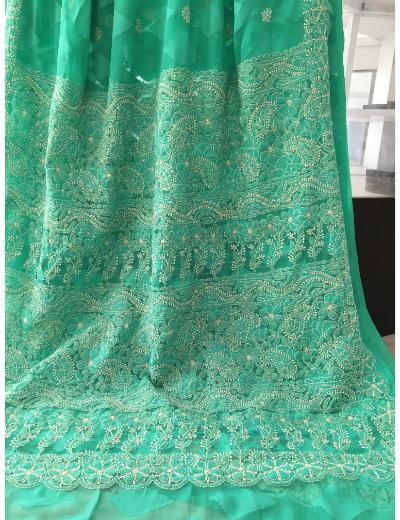 Chhangamal Hand Embroidered Green Colour Georgette Chikankari Saree