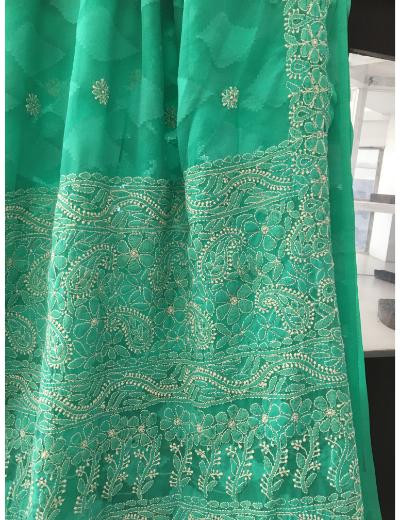 Chhangamal Hand Embroidered Green Colour Georgette Chikankari Saree