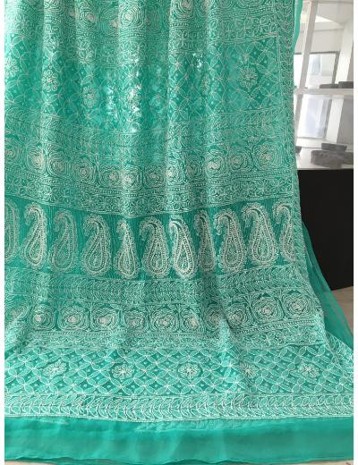 Chhangamal Hand Embroidered Green Colour Georgette Chikankari Saree