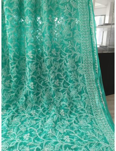 Chhangamal Hand Embroidered Green Colour Georgette Chikankari Saree