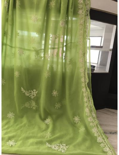 Chhangamal Hand Embroidered Green Colour Georgette Chikankari Saree