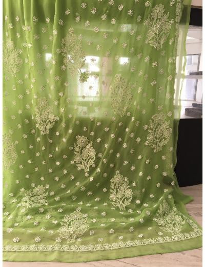 Chhangamal Hand Embroidered Green Colour Georgette Chikankari Saree