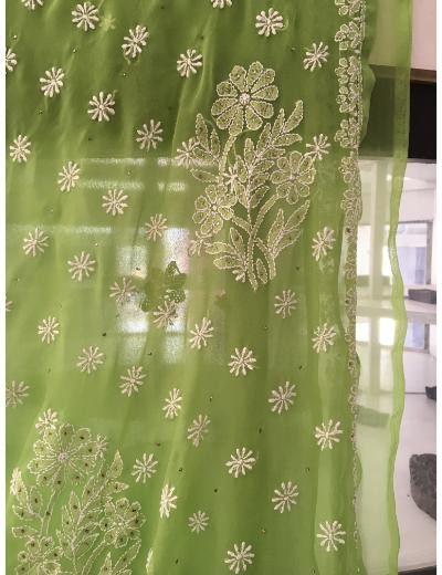 Chhangamal Hand Embroidered Green Colour Georgette Chikankari Saree