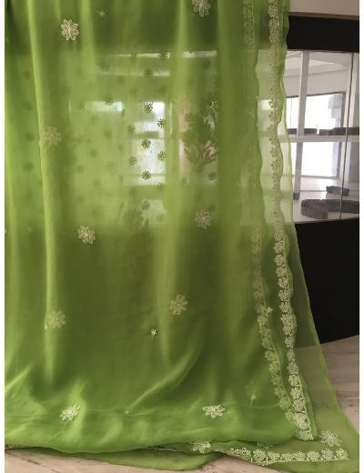 Chhangamal Hand Embroidered Green Colour Georgette Chikankari Saree