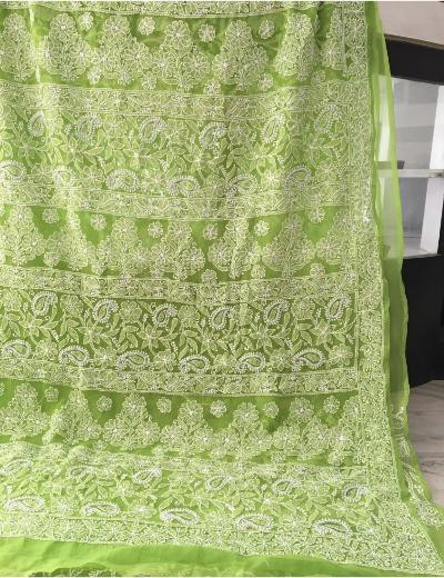 Chhangamal Hand Embroidered Green Colour Georgette Chikankari Saree