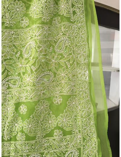 Chhangamal Hand Embroidered Green Colour Georgette Chikankari Saree