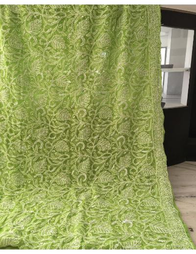 Chhangamal Hand Embroidered Green Colour Georgette Chikankari Saree