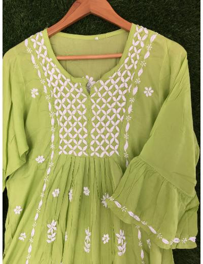 Chhangamal Hand Embroidered Green Colour Modal Chikankari Kurti