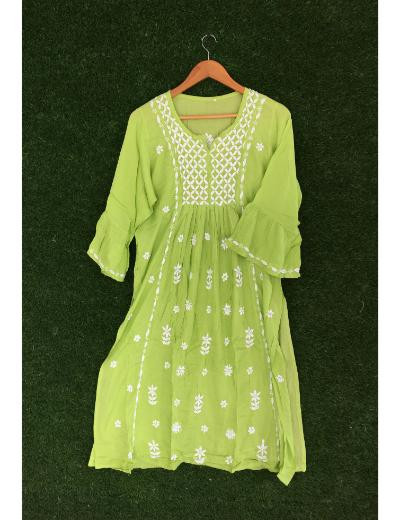 Chhangamal Hand Embroidered Green Colour Modal Chikankari Kurti